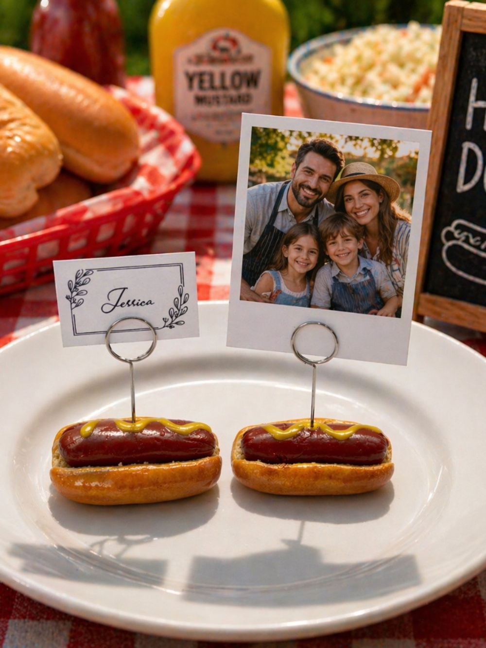 Hot Dog Place Card Holder, Photo Holder or Food Label – Handmade BBQ Party Decor
